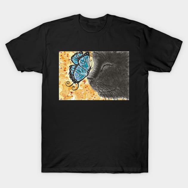 Black cat blue butterfly art T-Shirt by SamsArtworks